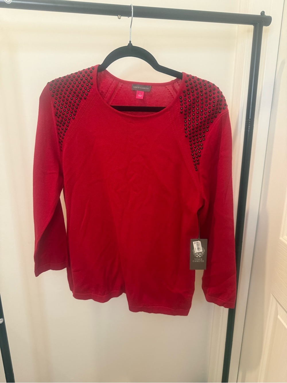 Vince Camuto Red Knit Crewneck Sweater with Gunmetal accents on Shoulders